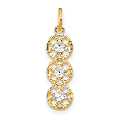 14k Yellow Gold Rhodium and Diamond-Cut 3 Circle Charm Pendant for Women