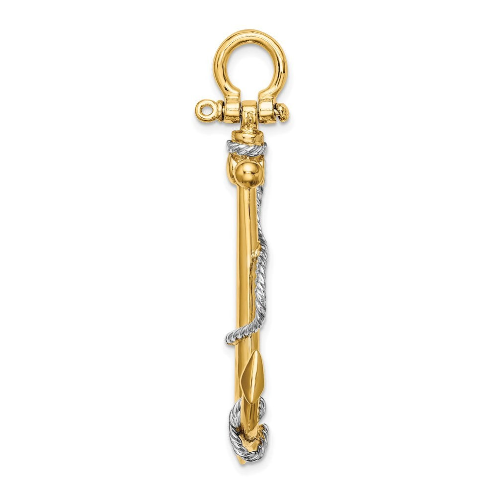 14k Yellow Gold w Rhodium 3-D Large Anchor w Rope and Shackle Bail Charm