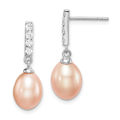 Sterling Silver Pink Teardrop Cultured Pearl & Cubic Zirconia Dangle Earrings