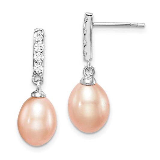 Sterling Silver Pink Teardrop Cultured Pearl & Cubic Zirconia Dangle Earrings