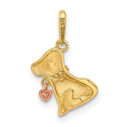 14k Two-tone Gold Polished CZ Dog w/Heart Dangle Pendant