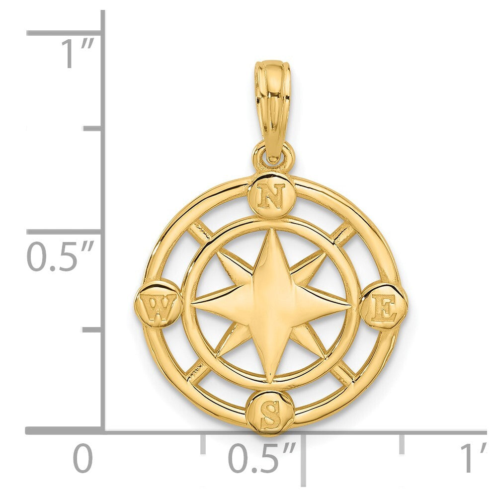 14k Yellow Gold Polished Round Compass Charm Pendant for Women
