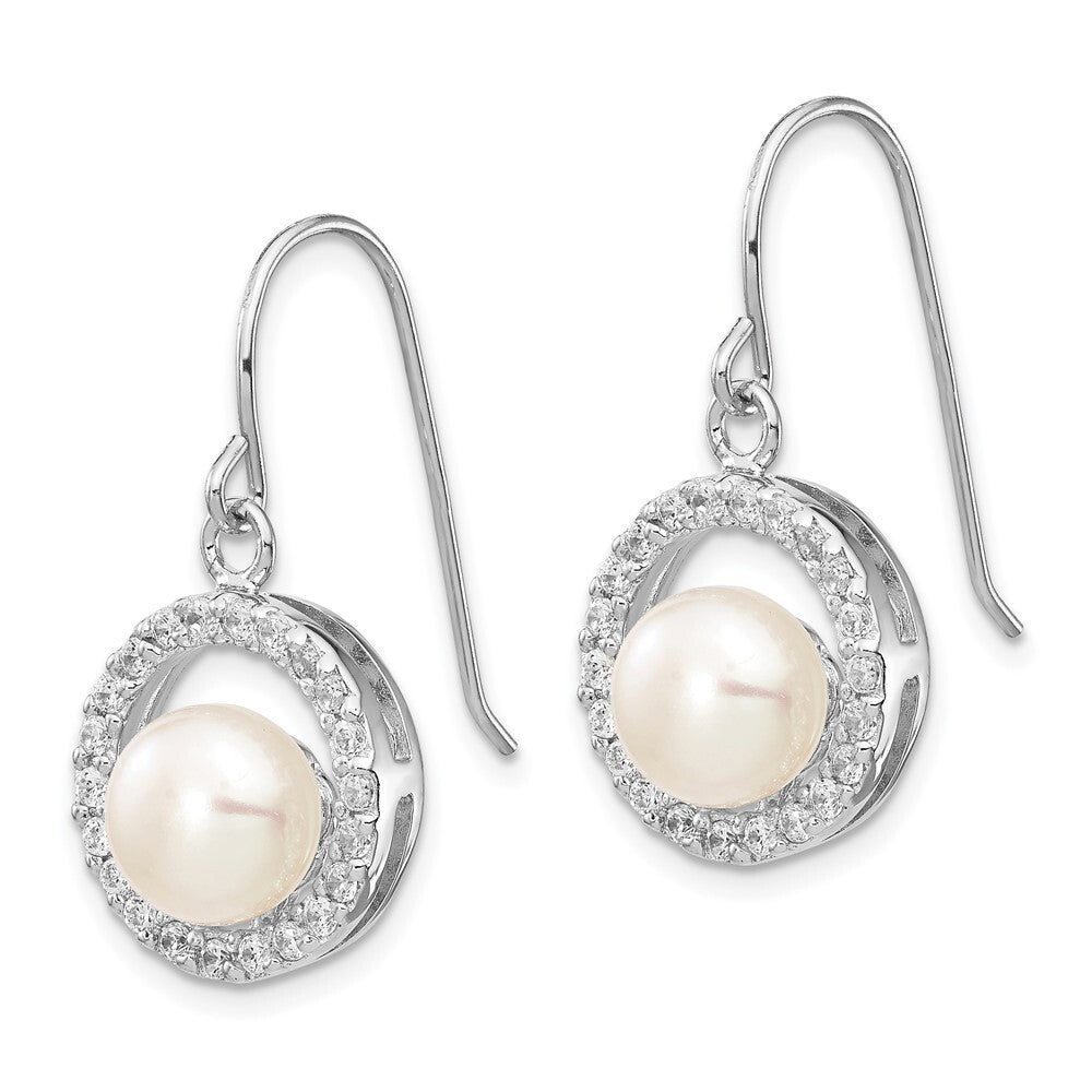 Sterling Silver 7-8mm Cultured Pearl and Cubic Zirconia Dangle Earrings