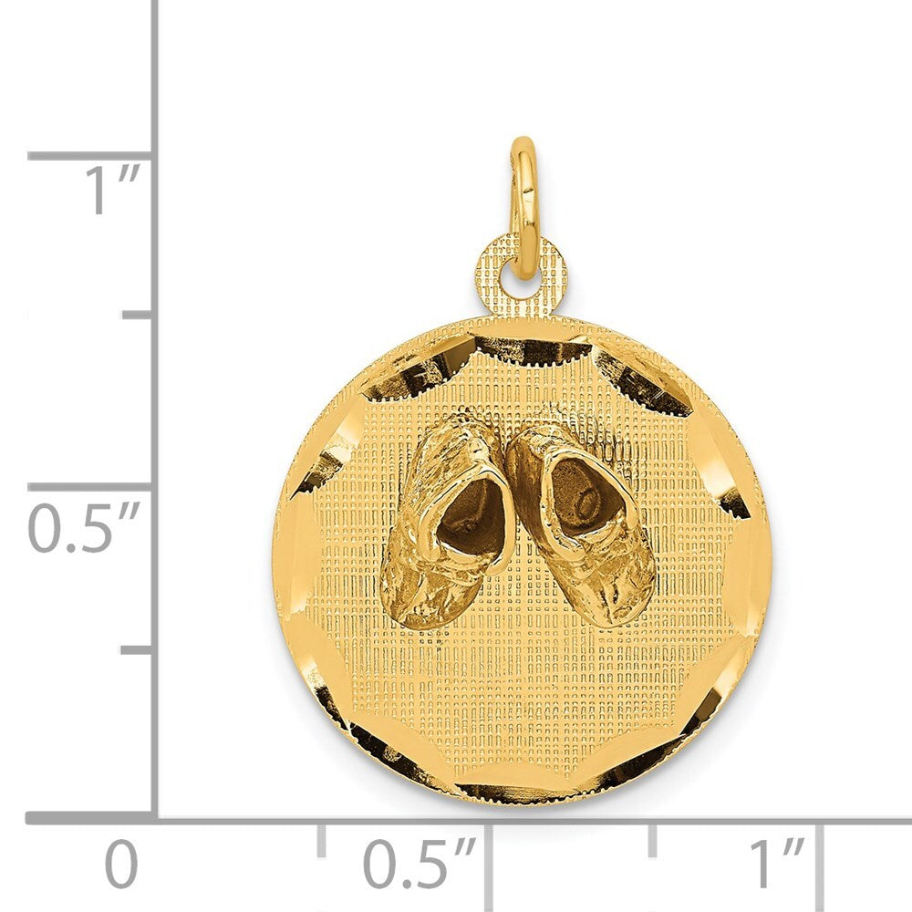 14k Yellow Gold Small Solid Engravable Baby Shoes on Disc Charm Pendant