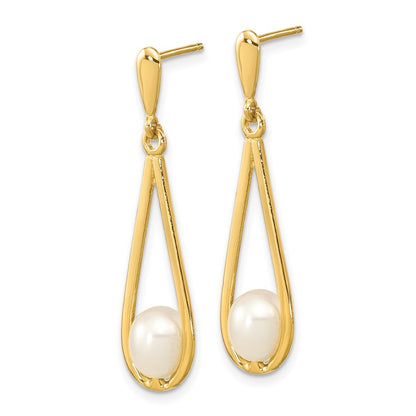 14k Yellow Gold 5-6mm White Rice Freshwater Cultured Pearl Dangle Earrings