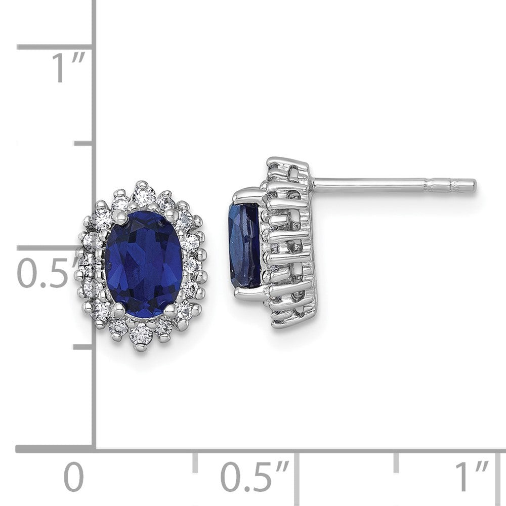 Sterling Silver Polished Lab Created Sapphire and CZ Oval Halo Earrings