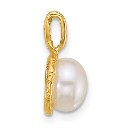 14k Yellow Gold Polished 7-8mm Button White Freshwater Cultured Pearl Pendant