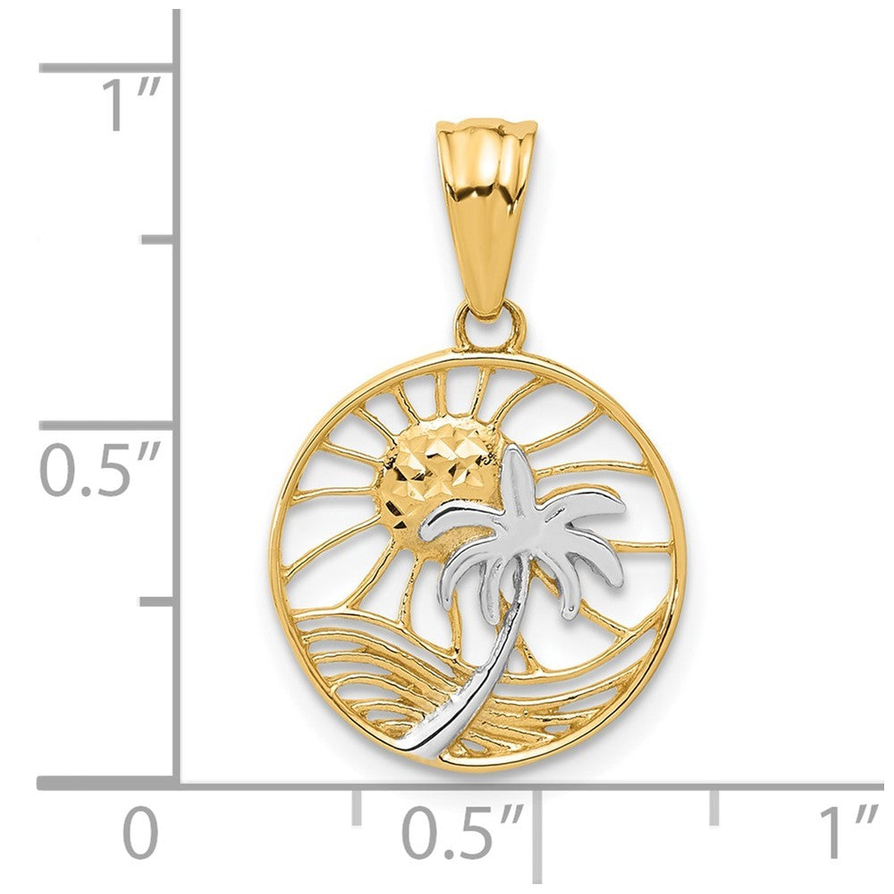 14k Yellow Gold with White Rhodium Ocean and Palm Tree Round Pendant
