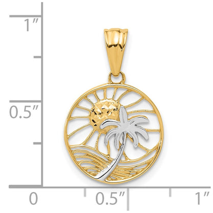 14k Yellow Gold with White Rhodium Ocean and Palm Tree Round Pendant