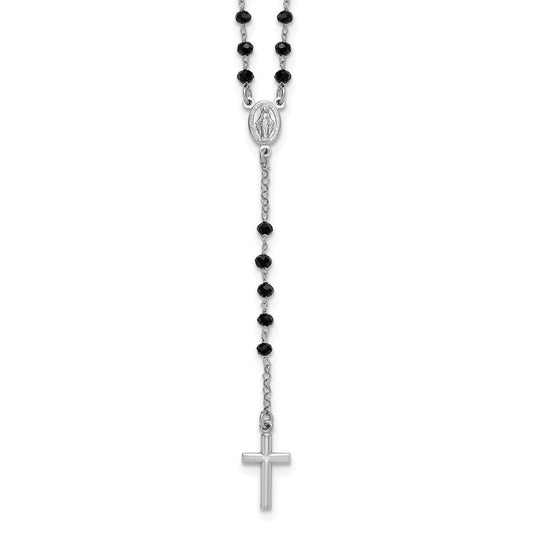 Sterling Silver Rhodium-plated Black Crystal Rosary Necklace 18.5" with 1" ext