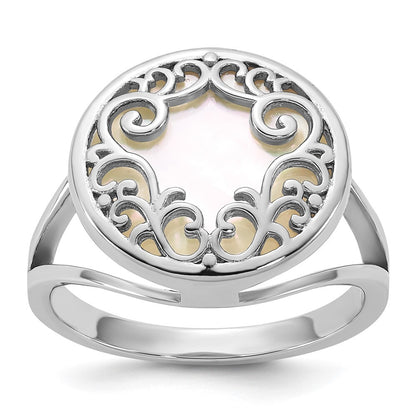 Sterling Silver RH-plated Polished Filigree MOP Circle Ring Size 7
