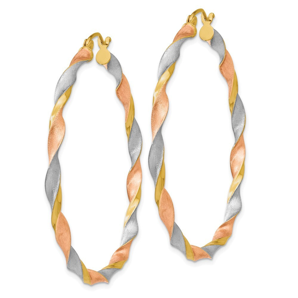 14k Yellow Gold White & Rose Rhodium Satin Twisted Hoop Earrings