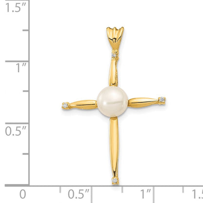 14k Yellow Gold 7mm Button Freshwater Cultured Pearl & Diamond Cross Pendant
