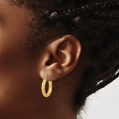 14k Yellow Gold Polished and Textured Diamond-Cut Fancy Pattern Hoop Earrings