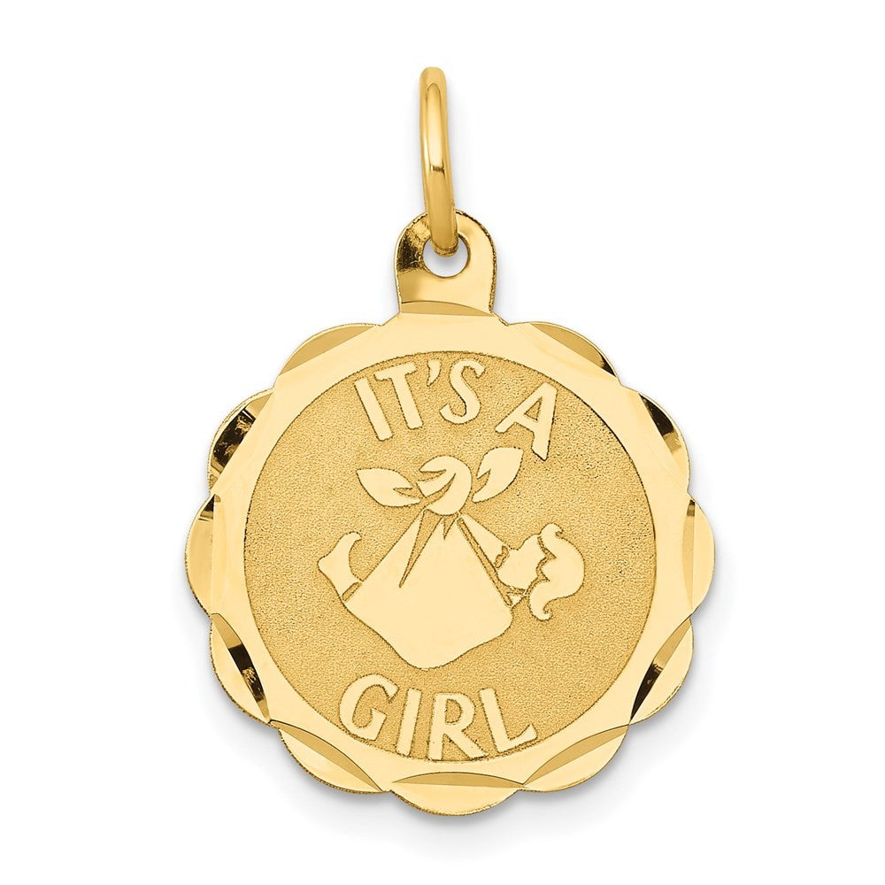 14k Yellow Gold Polished IT'S A GIRL Scalloped Disc Charm