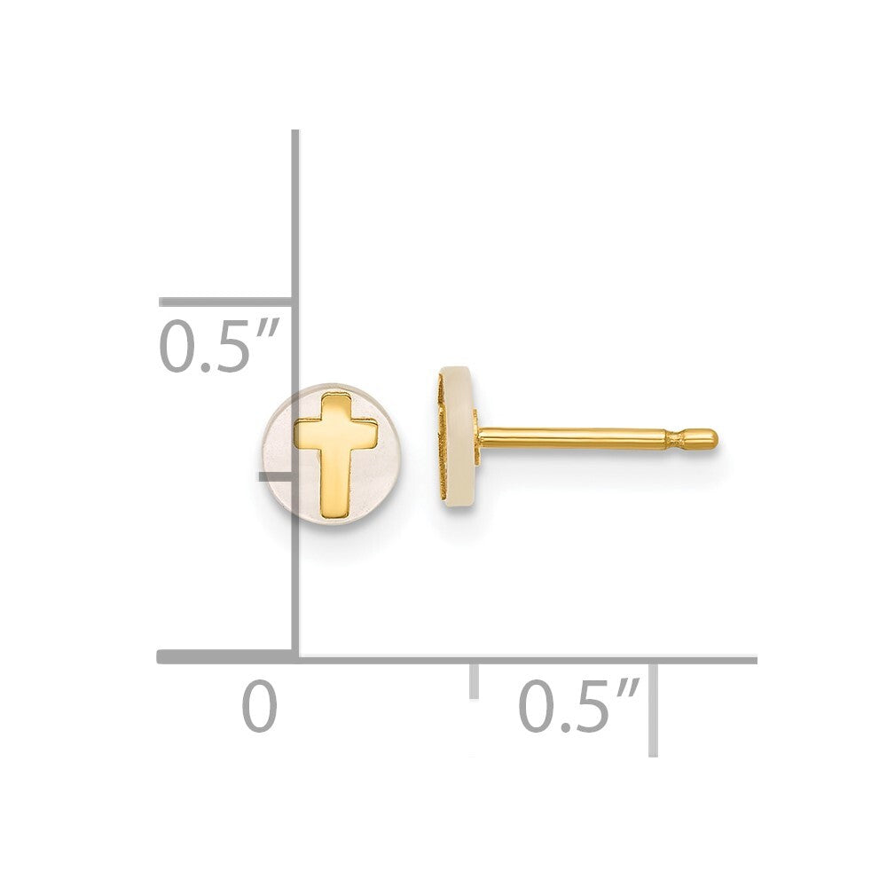 14k Yellow Gold Polished Round Mother of Pearl with Cross Stud Earrings