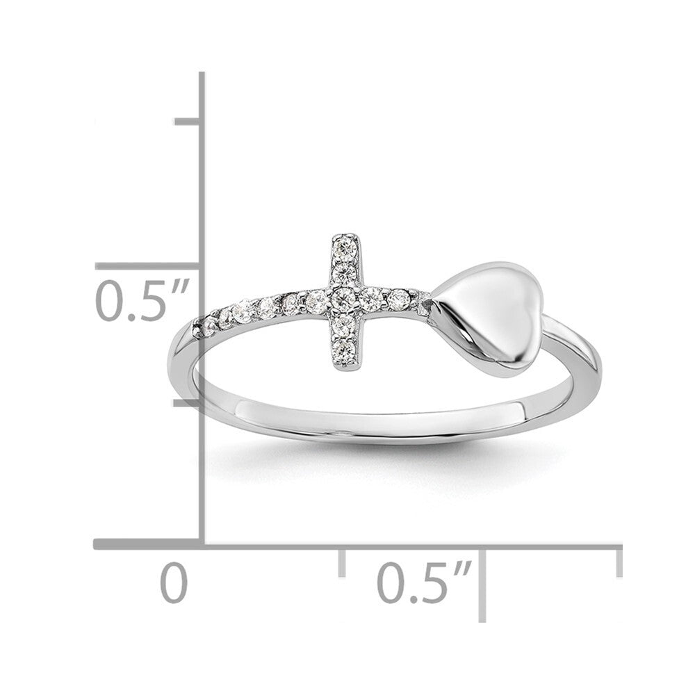 Sterling Silver Rhodium-plated Heart and CZ Cross Ring Size 7