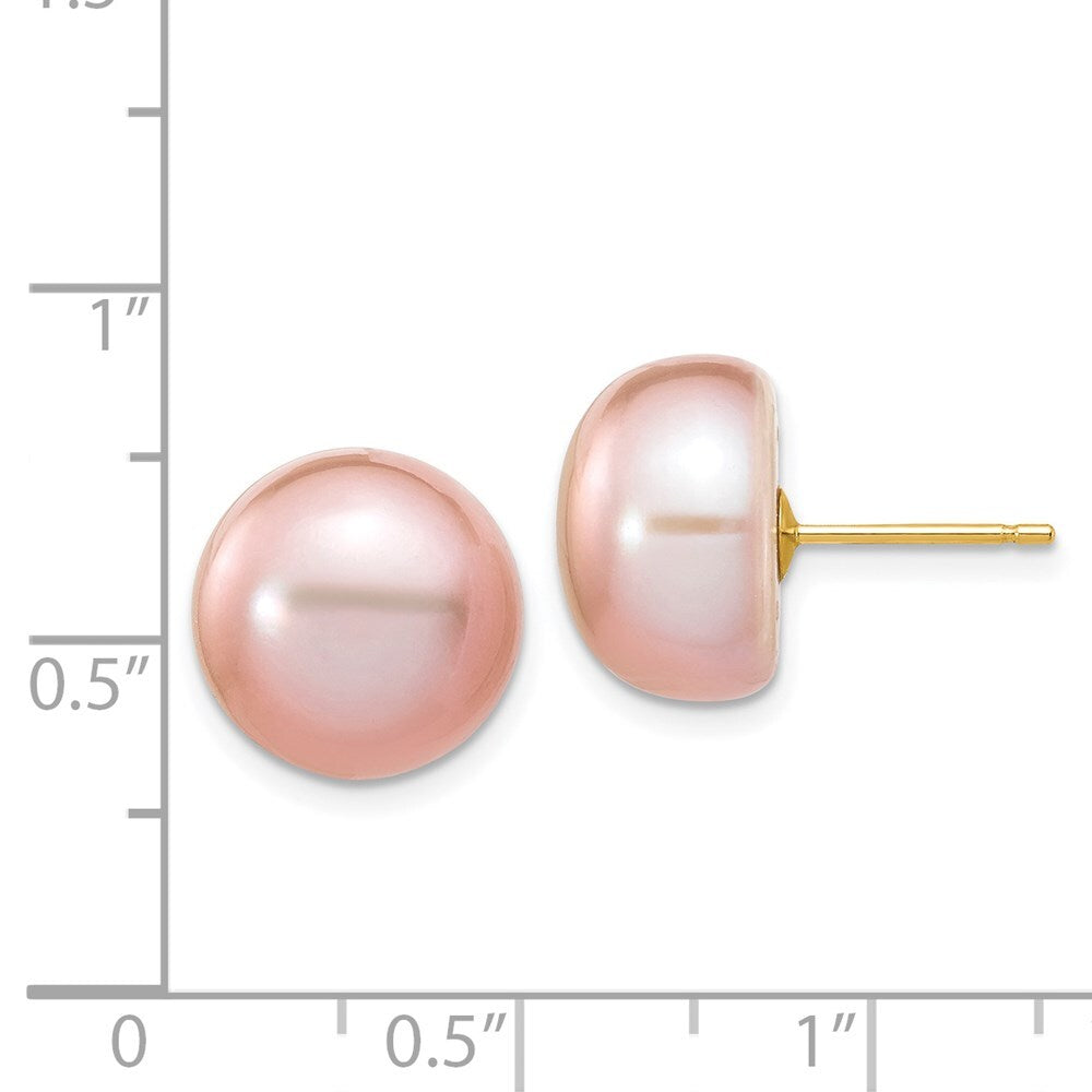14k Yellow Gold 11-12mm Purple Button Freshwater Cultured Pearl Stud Earrings