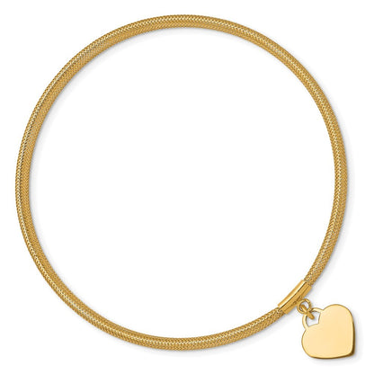 14k Yellow Gold 4mm Heart Dangle Woven Mesh Slip-on Stretch Bracelet