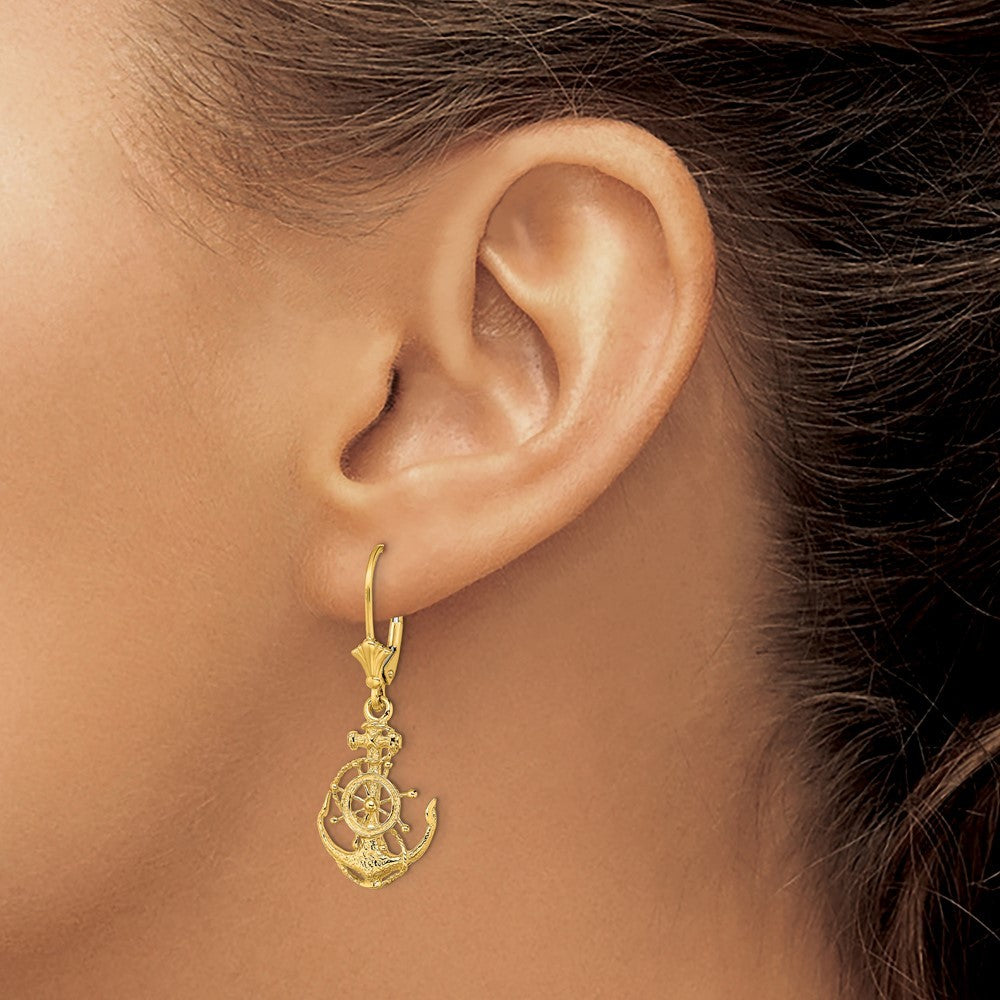 14k Yellow Gold 2-D Anchor and Wheel Drop Dangle Earrings