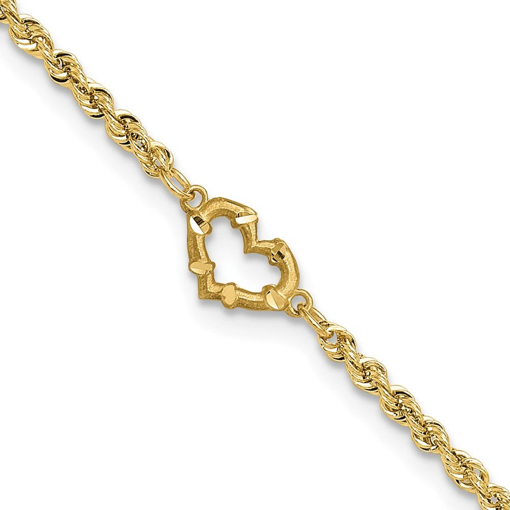 14k Yellow Gold Diamond-cut Open Heart and Rope Chain 9 inch Anklet