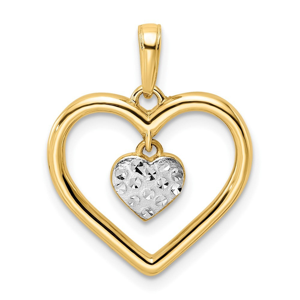14k Yellow Gold and White Rhodium Diamond-cut Heart w Dangle Heart Pendant
