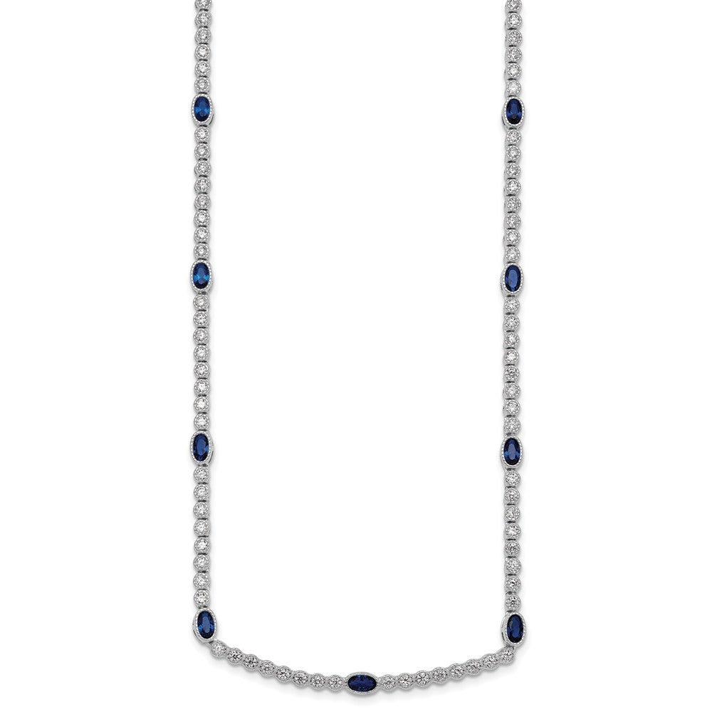 Sterling Silver and Beaded Fancy Oval Blue and Round White CZ 17" Necklace