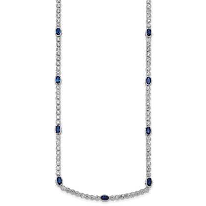 Sterling Silver and Beaded Fancy Oval Blue and Round White CZ 17" Necklace
