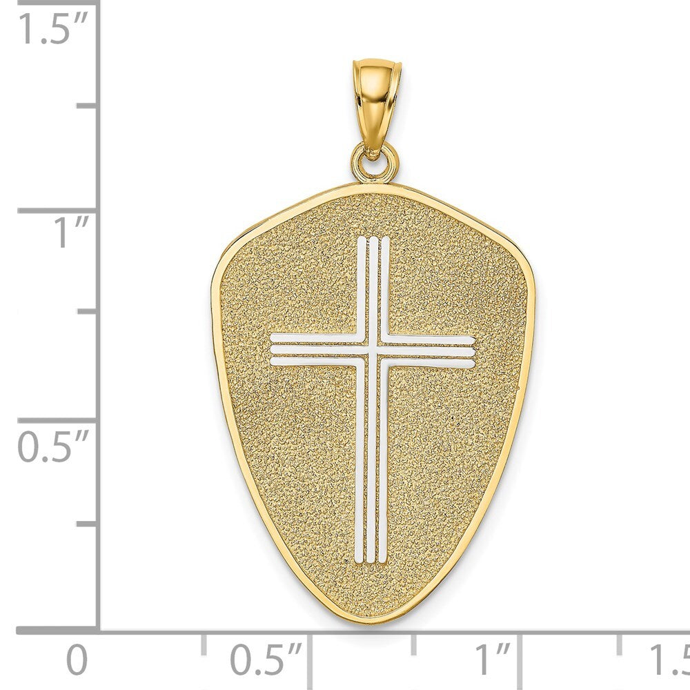 14k Yellow Gold Rhodium Cross Shield  Joshua 1:9 On Reverse Charm Pendant