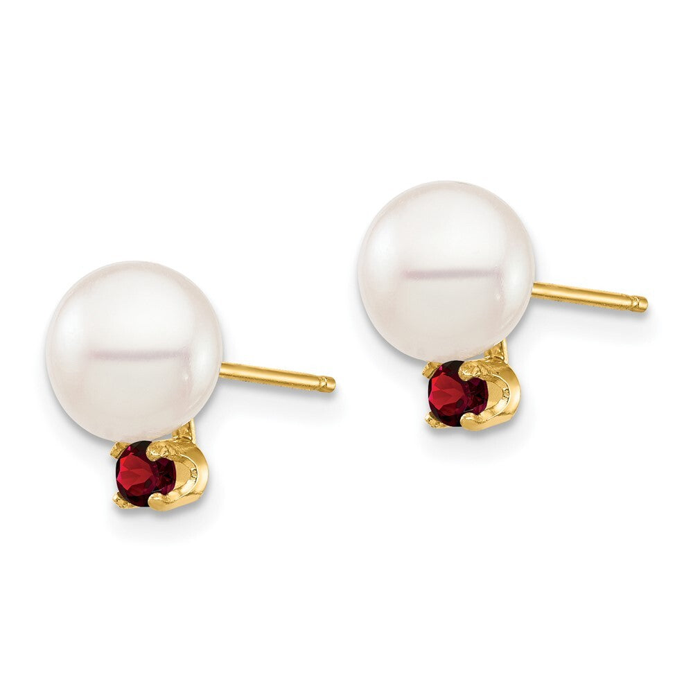 14k Yellow Gold 7-7.5mm Freshwater Cultured Pearl and .18GA Garnet Stud Earrings