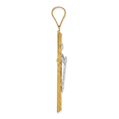 14k Yellow Gold w White Rhod Polished & Textured INRI Crucifix Cross Pendant