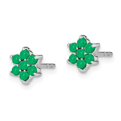 14k White Gold Emerald Floral Stud Earrings Gift for Women