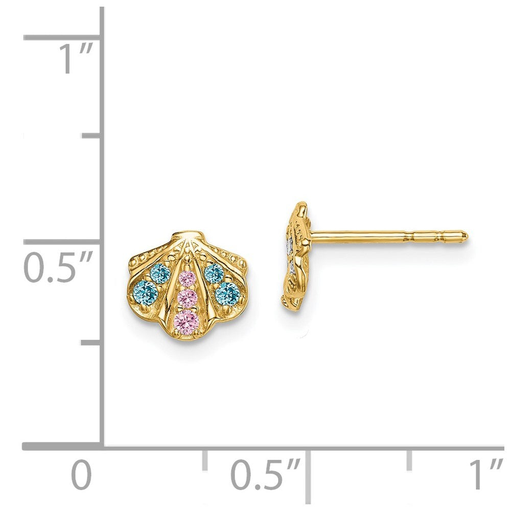 14k Yellow Gold Blue & Pink Cubic Zirconia Seashell Stud Earrings