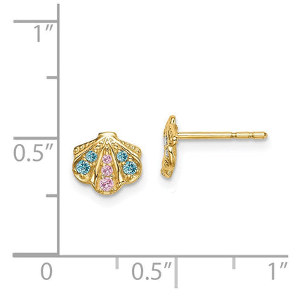 14k Yellow Gold Blue & Pink Cubic Zirconia Seashell Stud Earrings