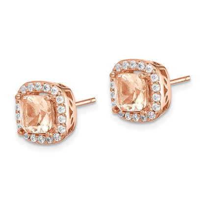 Sterling Silver Rose-tone Square Peach CZ Halo Earrings
