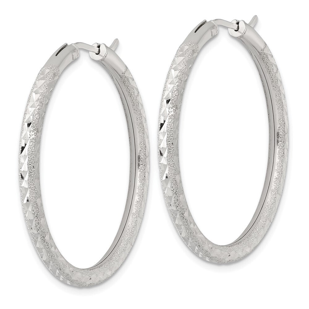 Sterling Silver Laser and Diamond-cut 40x3.25mm Hidden Catch Round Hoop Earrings