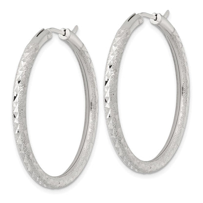 Sterling Silver Laser and Diamond-cut 40x3.25mm Hidden Catch Round Hoop Earrings