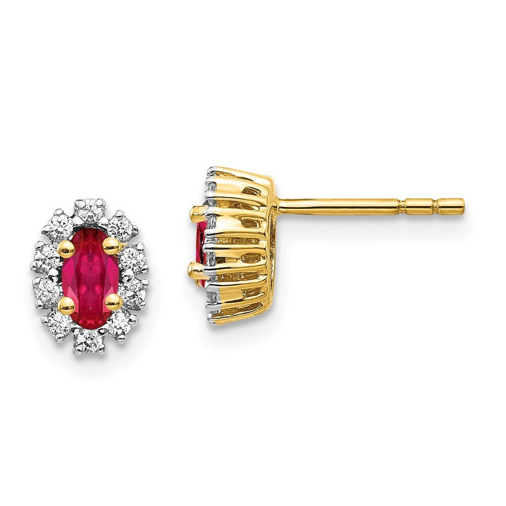 14k Yellow Gold Diamond and Ruby Oval Halo Stud Earrings