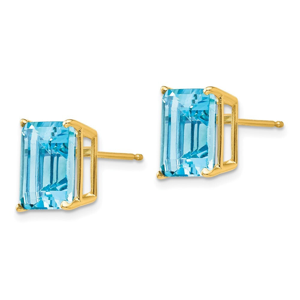 14k Yellow Gold 10x8mm Emerald Cut Blue Topaz Stud Earrings Gift for Women