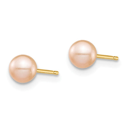 14k Yellow Gold 4-5mm Pink Round Freshwater Cultured Pearl Stud Earrings