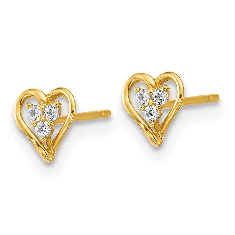14k Yellow Gold Polished Cubic Zirconia Open Heart Stud Earrings Gift for Women
