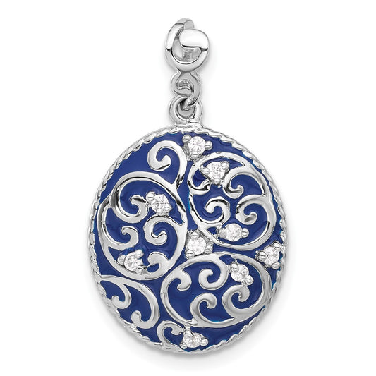 Sterling Silver Polished Swirl Blue Enamel Cubic Zirconia Oval Pendant