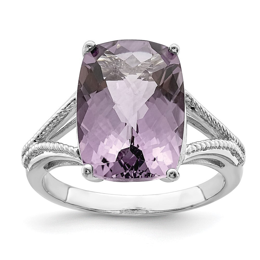 Sterling Silver Rhodium Checker-Cut Pink Quartz Ring Size 7