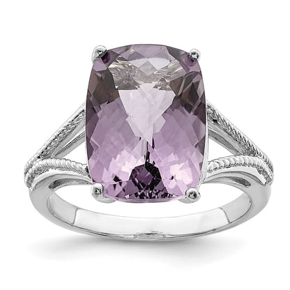 Sterling Silver Rhodium Checker-Cut Pink Quartz Ring Size 7