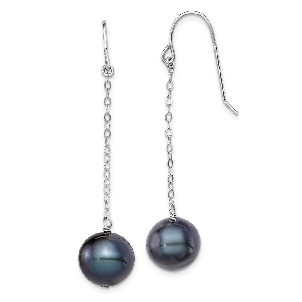 Sterling Silver 9-10mm Black Round Freshwater Cultured Pearl Dangle Earrings