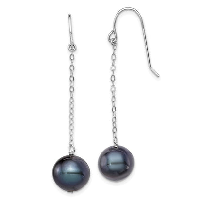Sterling Silver 9-10mm Black Round Freshwater Cultured Pearl Dangle Earrings