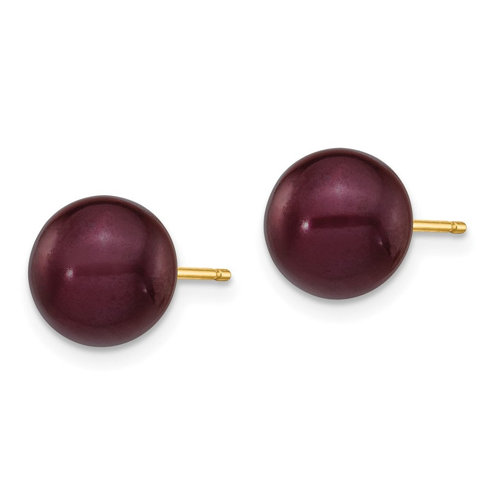14k Yellow Gold 8-9mm Brown Round Freshwater Cultured Pearl Stud Earrings