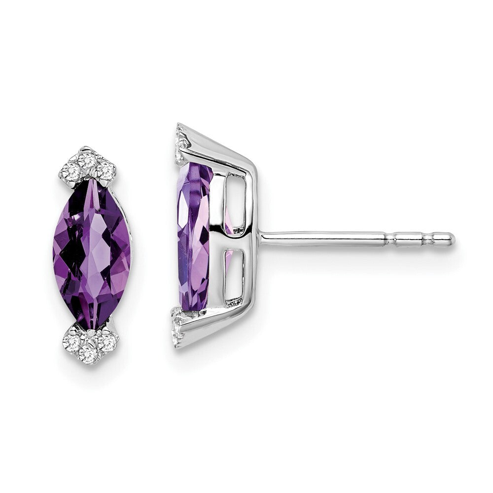 14k White Gold Marquise Amethyst and Diamond Stud Earrings Gift for Women