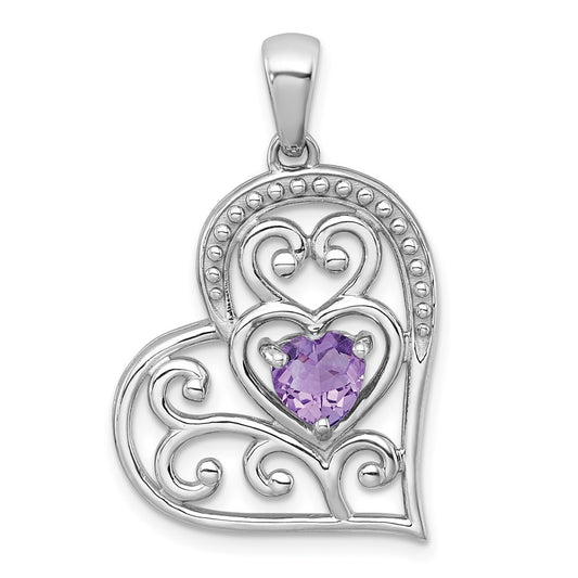 Sterling Silver Polished and Beaded Amethyst Filigree Heart Pendant