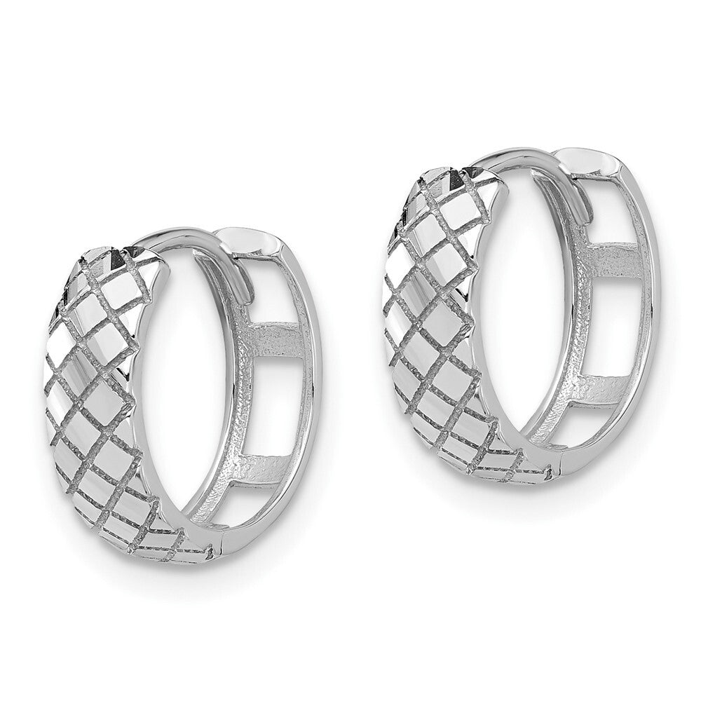 14K White Gold Polished and Etched Hinged Hoop Earrings Gift for Women